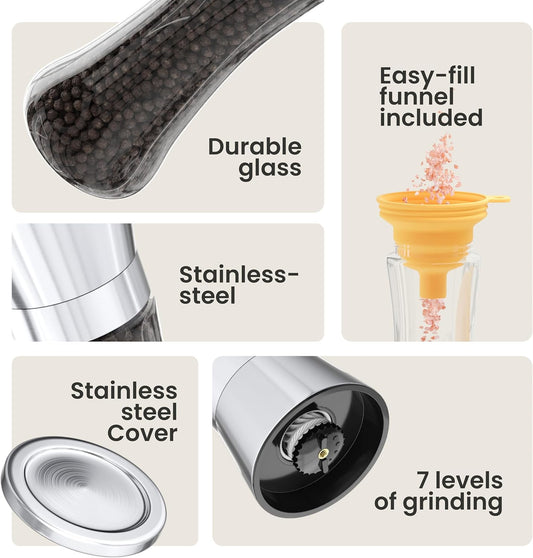 FLASH DEAL! Premium Salt and Pepper Grinder Set, Premium Black Pepper Grinders, 7 LEVEL ADJUSTMENT Salt and Pepper Mill, Professional Stainless Steel Salt Pepper Grinder set.