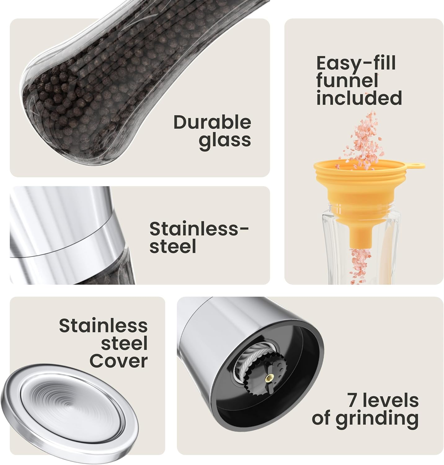 FLASH DEAL! Premium Salt and Pepper Grinder Set, Premium Black Pepper Grinders, 7 LEVEL ADJUSTMENT Salt and Pepper Mill, Professional Stainless Steel Salt Pepper Grinder set.