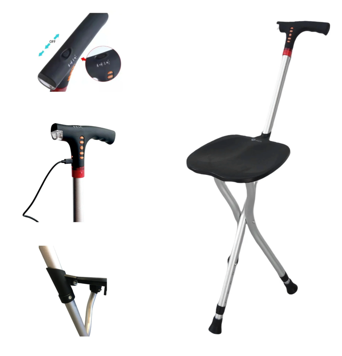 FLASH DEAL! Folding Cane Seat with LED Light FM Radio Alarm — Walking Stick Chair for Senior