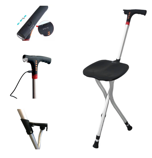 FLASH DEAL! Folding Cane Seat with LED Light FM Radio Alarm — Walking Stick Chair for Senior