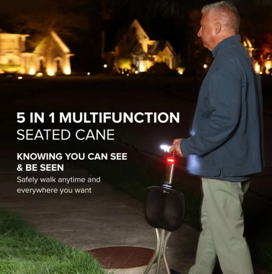 FLASH DEAL! Folding Cane Seat with LED Light FM Radio Alarm — Walking Stick Chair for Senior