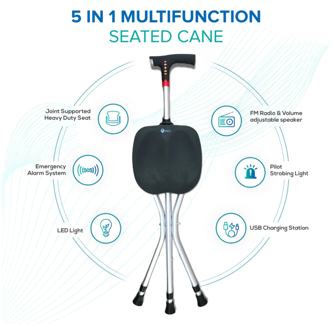 FLASH DEAL! Folding Cane Seat with LED Light FM Radio Alarm — Walking Stick Chair for Senior