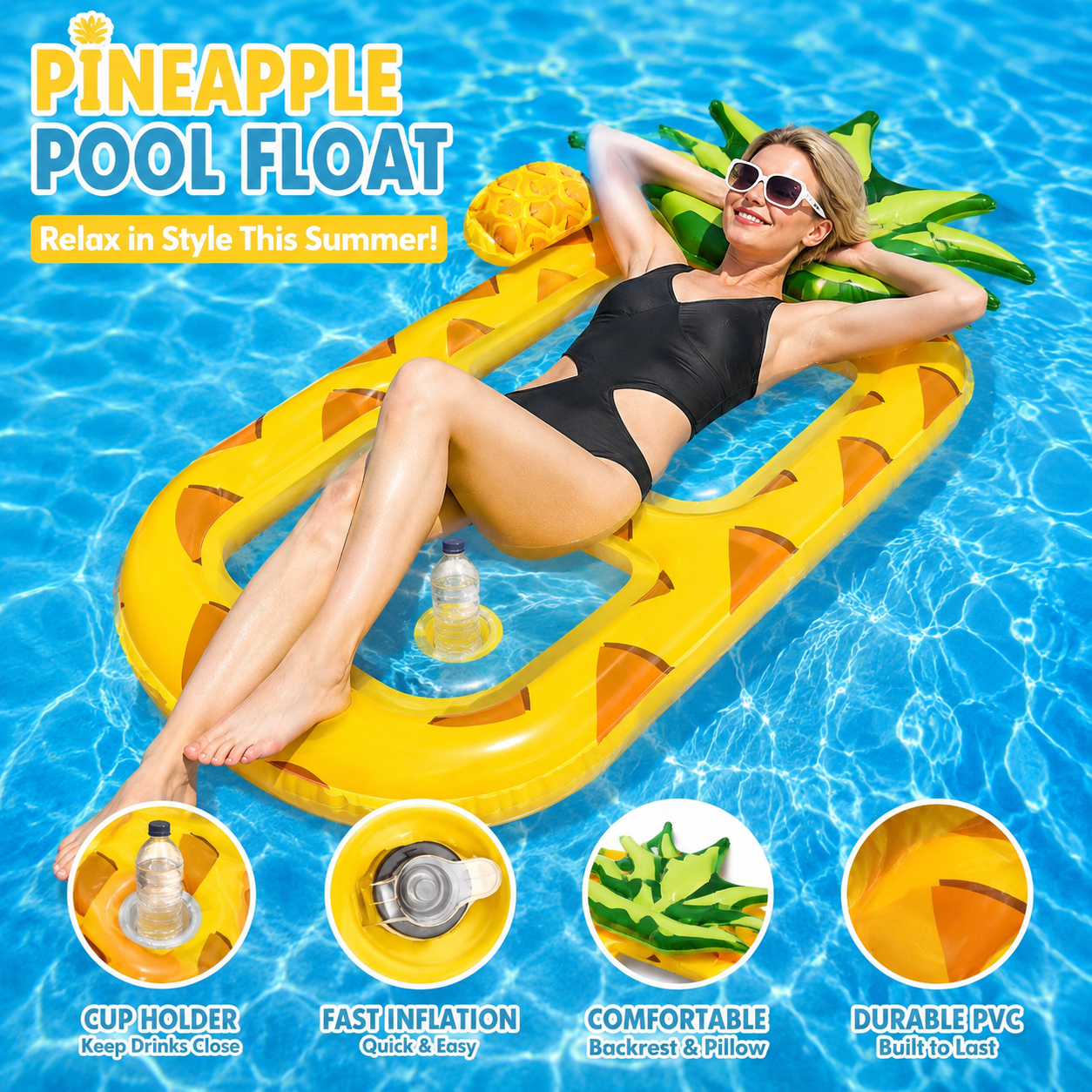 Inflatable Pineapple Pool Float with Cup Holder Summer Fun SALE!